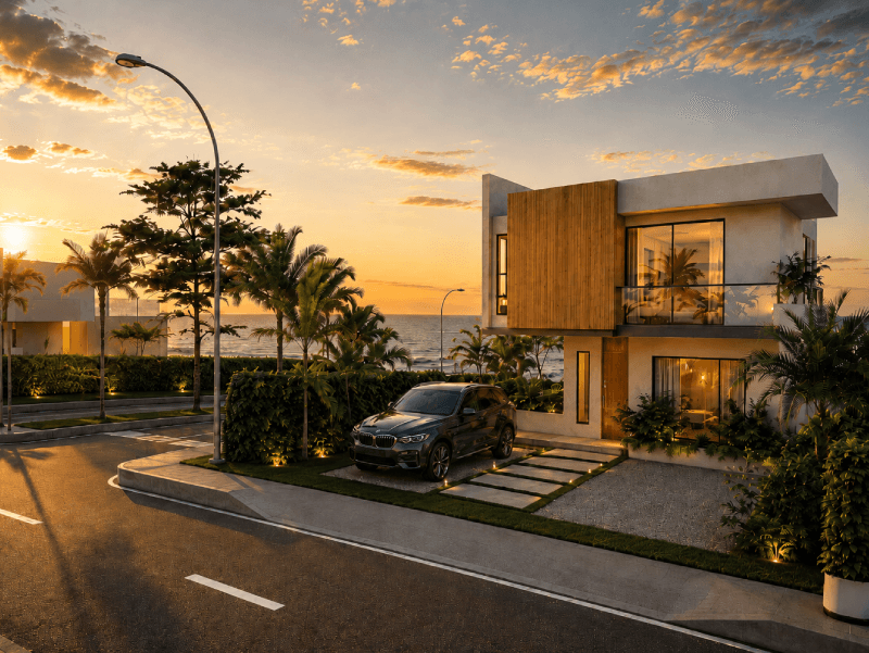 Segunda vivienda en Cartagena con estilo mediterráneo en Mar de Kairos - Render de una casa aterrazada con vista al mar.