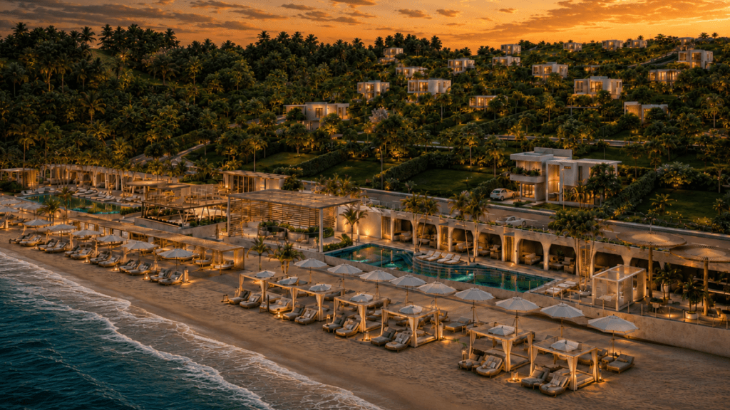 Vista panorámica al atardecer frente al mar para una segunda vivienda en Cartagena - Render aéreo de Punta Canoa con tonos dorados, destacando la cercanía al mar